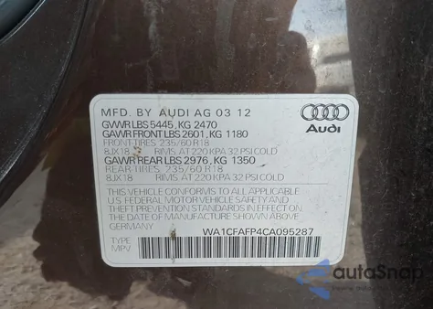 2012 Audi Q5 2.0T Premium из США, поврежденный, VIN WA1CFAFP4CA095287
